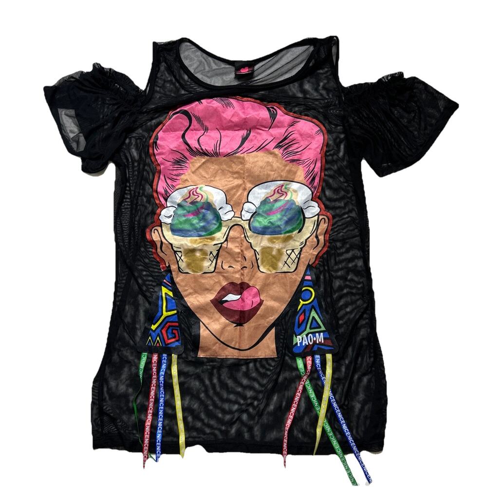 Women's Large Shirt Black Blouse Artsy Pop Culture Ruffle Sleeves Tassels